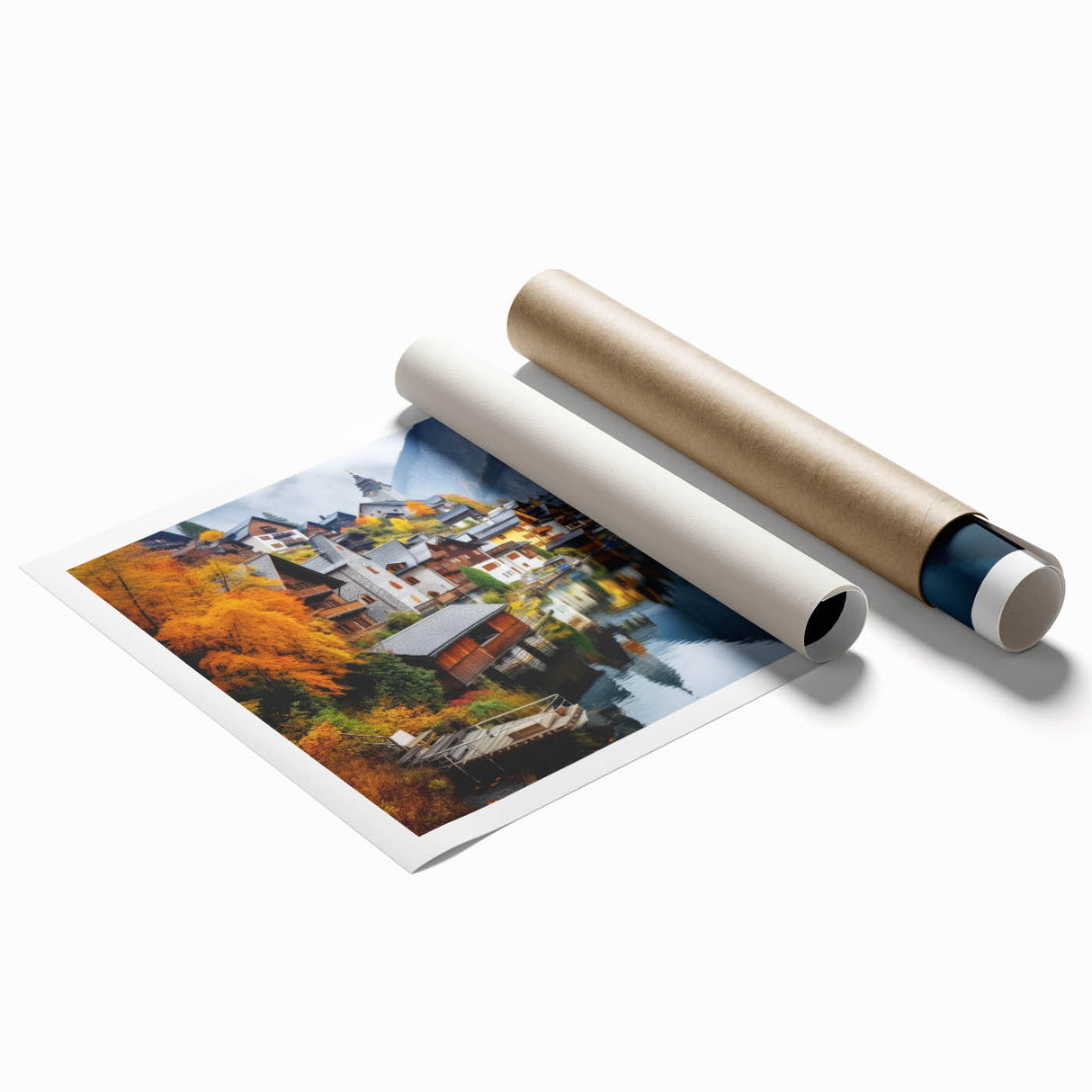 Scenic view of an Austrian village with muted earth tones on a rolled canvas print.