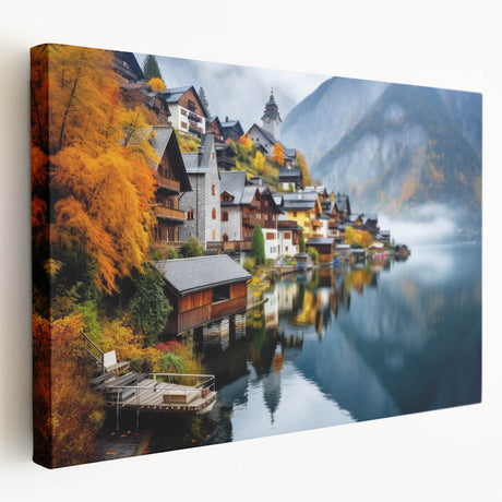 Large canvas print of a European countryside scene in muted green and brown tones, ideal for kitchen wall art.