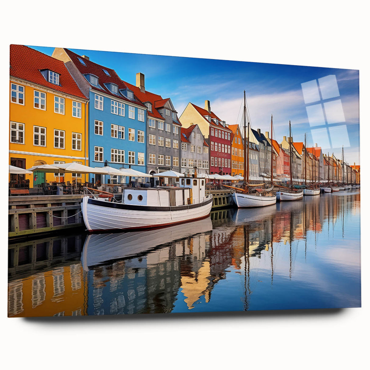 Acrylic print of a serene Danish landscape in muted green and blue tones, suitable for bedroom or dining room decor.