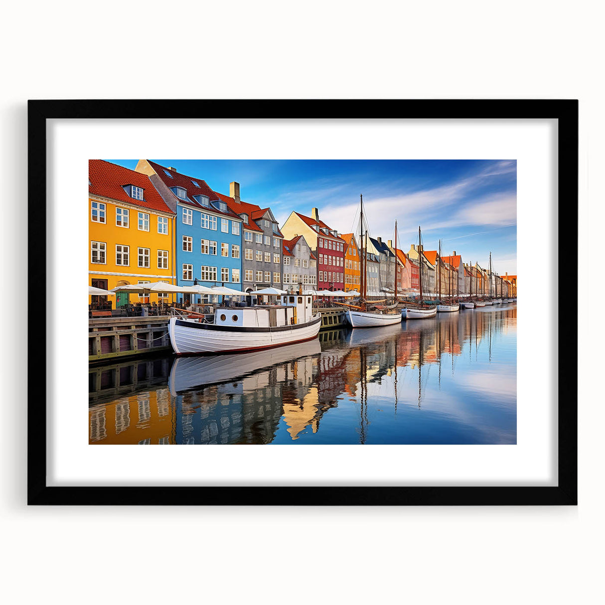 Extra large abstract art print featuring a colorful, textured depiction of a European scenery, framed in black.
