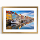 Abstract art print of a European scenery in Denmark with muted earth tones, framed in gold, suitable for dining room decor.