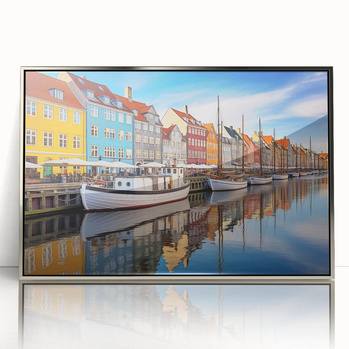 Large art print of a serene European Denmark landscape in muted green and blue tones on silver-framed acrylic.