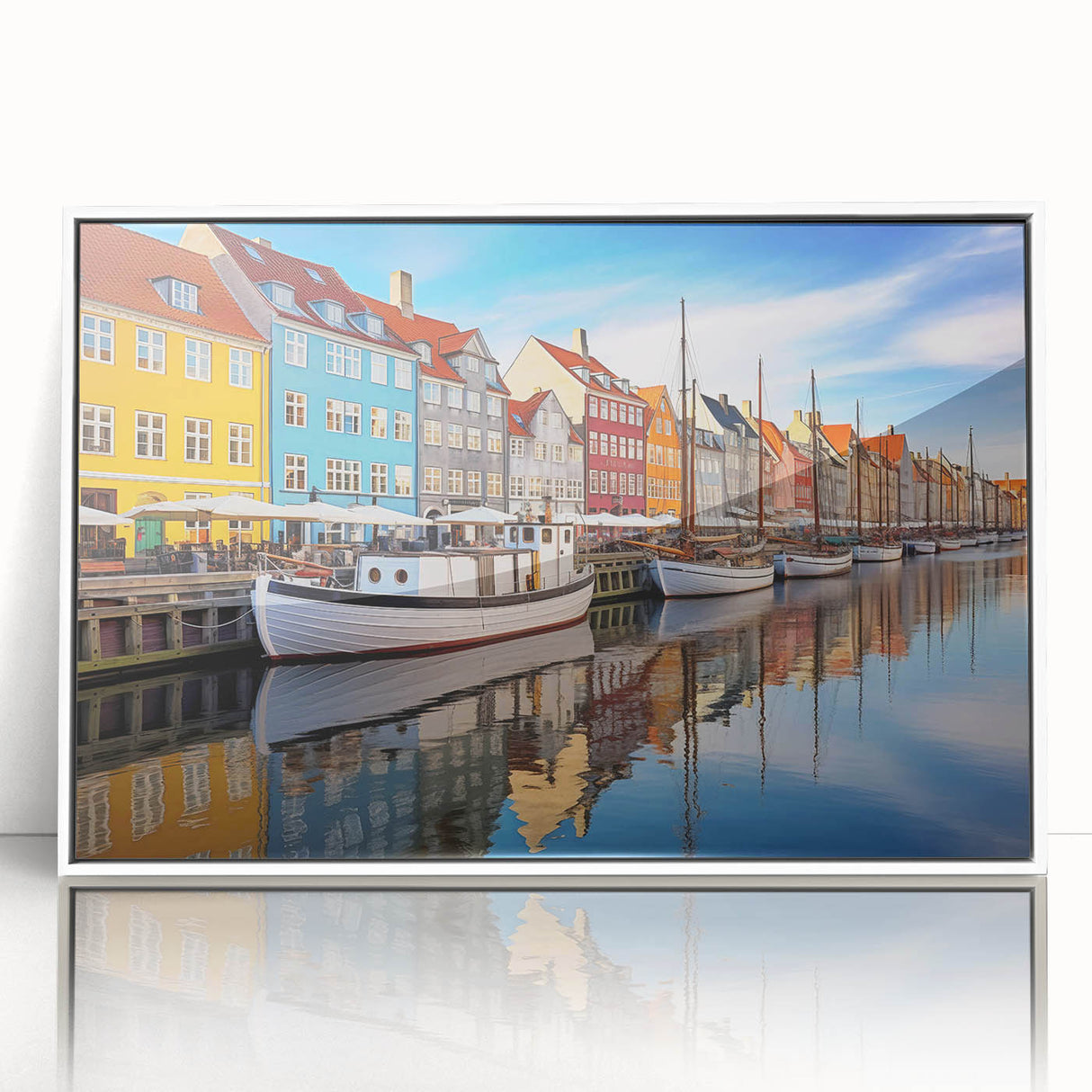 Mid-century modernist art depicting a serene Danish landscape on white-framed acrylic, featuring soft pastel colors.