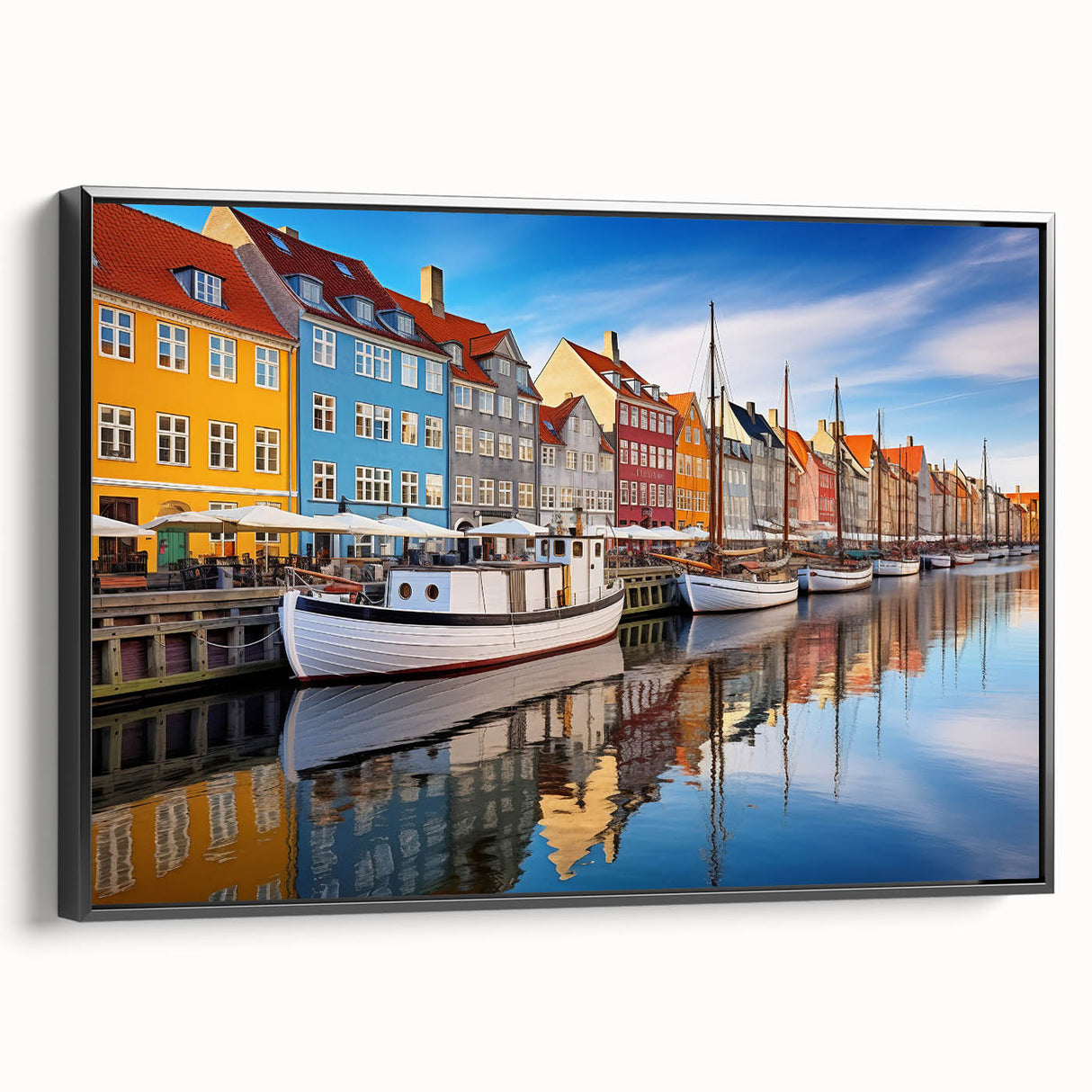 Black and white landscape art painting of a European city, printed on framed canvas, suitable for bedroom decor.