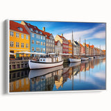 Vintage poster art of a European Denmark scenery on framed canvas, featuring a blend of black and colorful art.