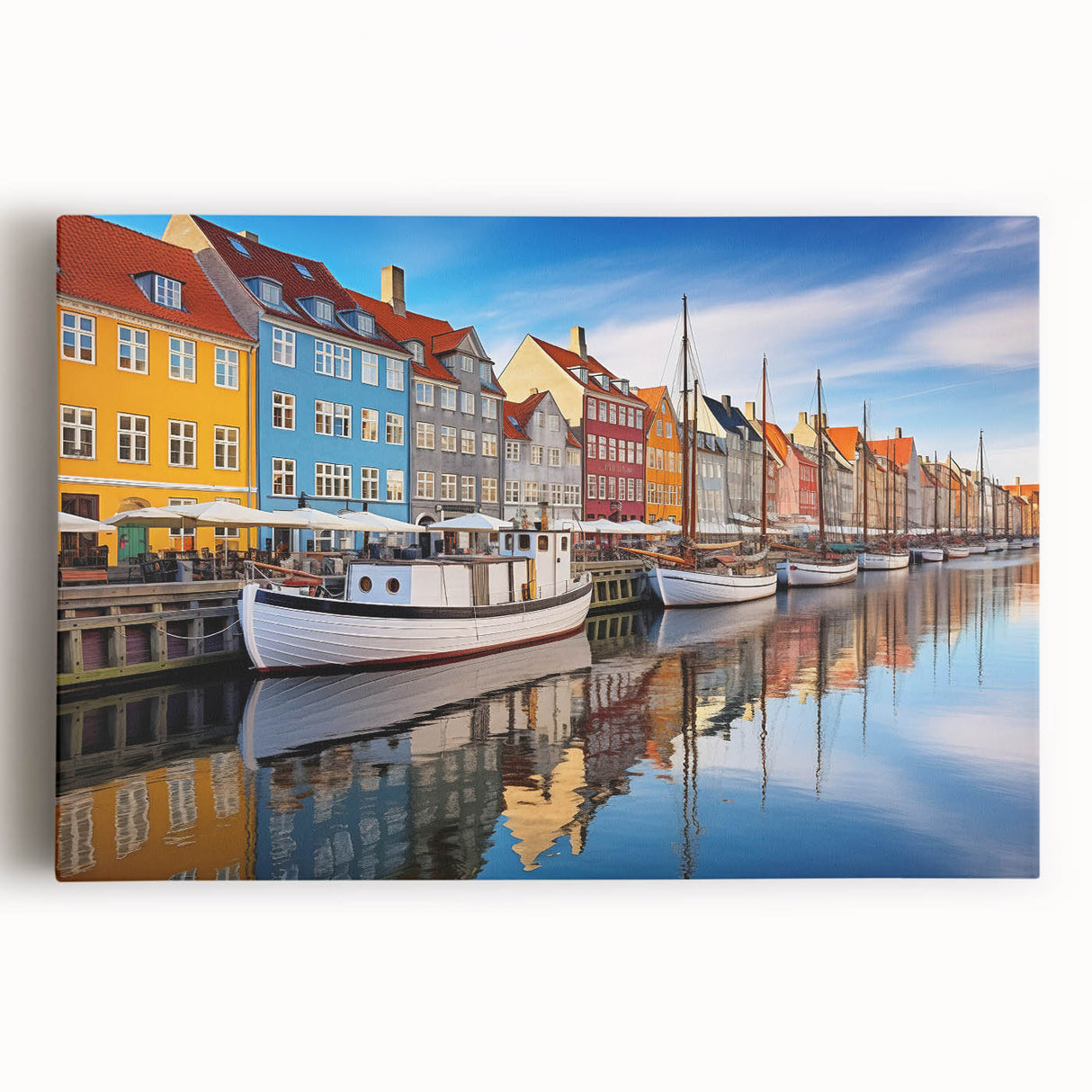 Black and white photograph of a European cityscape on stretched canvas, ideal for kitchen wall art.