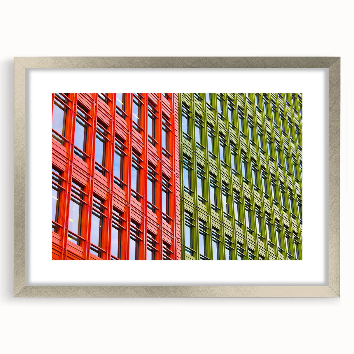 Extra large abstract art print of London scenery in silver frame with mat, featuring textured brush strokes and muted colors.
