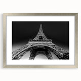 Extra large abstract art print of a textured Paris scene in muted gray, framed in silver, ideal for living room decor.