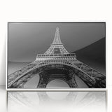 Mid-century modernist art of Paris skyline in muted gray and blue tones on framed acrylic, ideal for modern art wall decor.