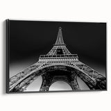Black and white vintage poster art of a Paris landscape on framed canvas, ideal for bedroom decor.