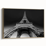 Framed canvas vintage poster art depicting the Paris landscape in muted black and gold tones, ideal for bedroom wall decor.