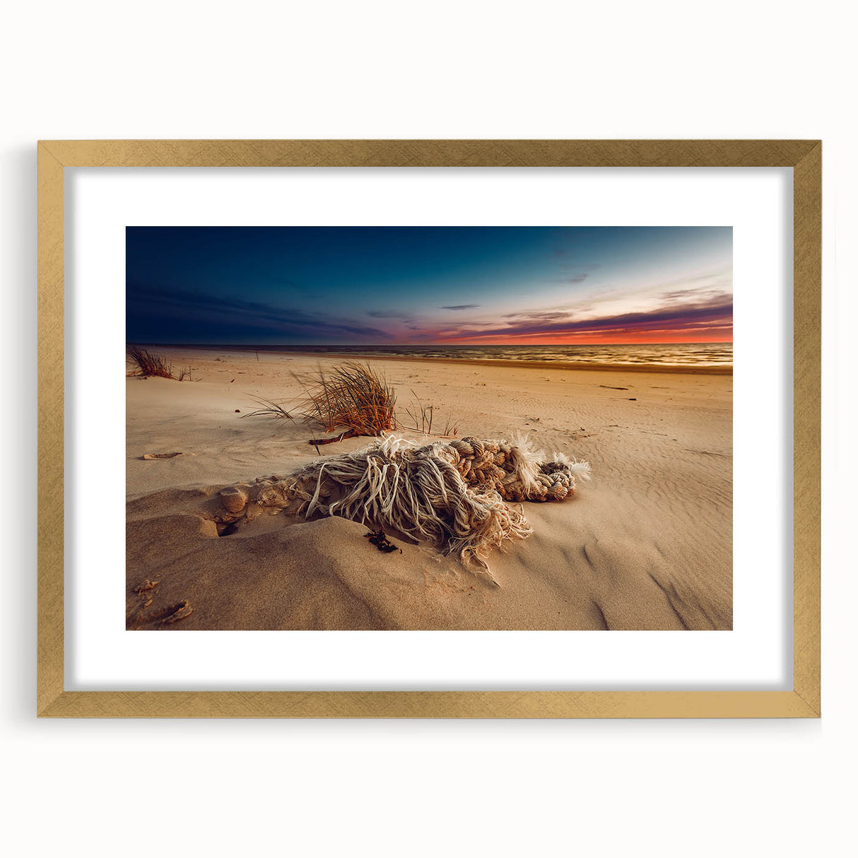 Abstract art print of a European Lithuanian landscape in muted earth tones on a framed canvas.