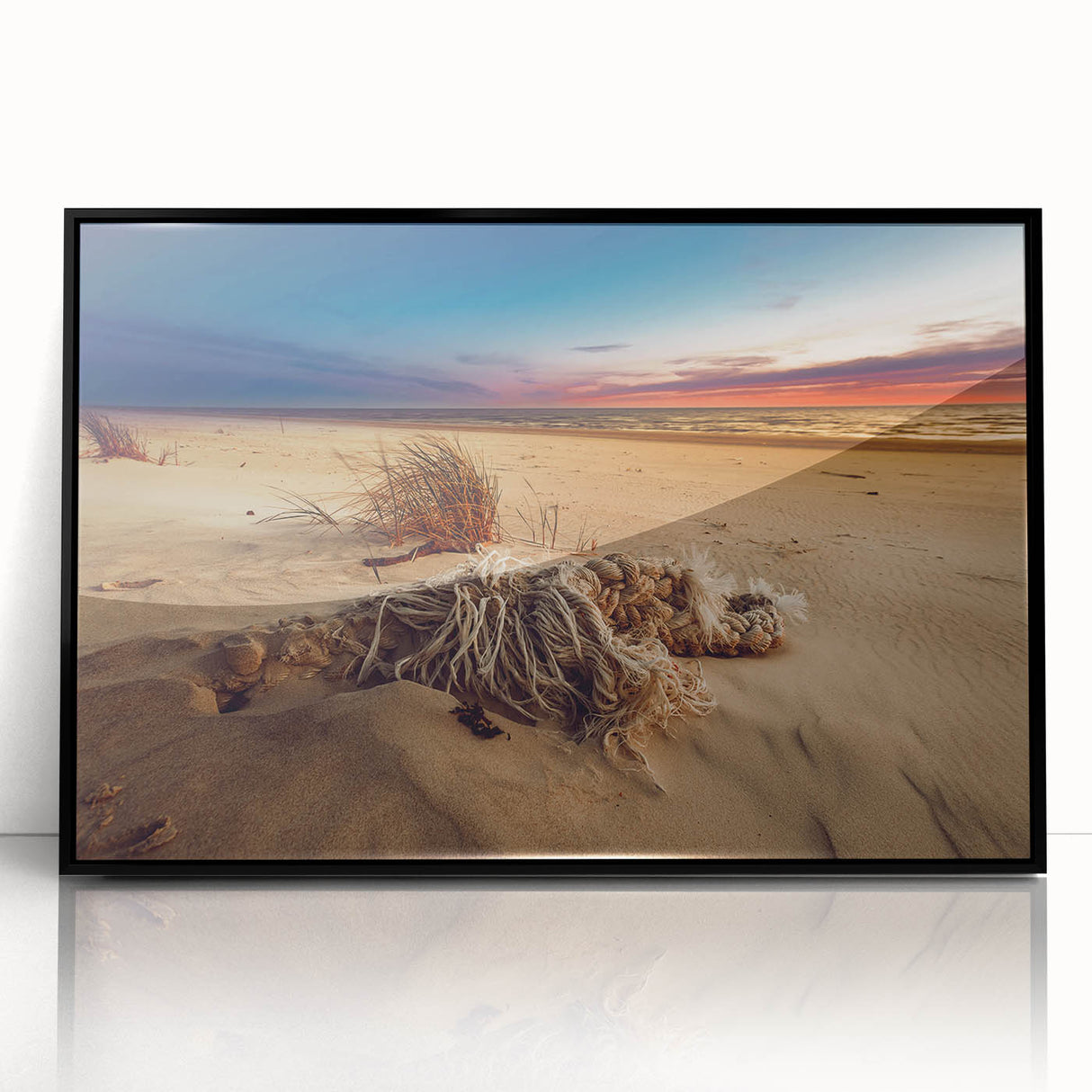 Large abstract wall art depicting a European Lithuanian landscape in muted colors, framed in black acrylic.