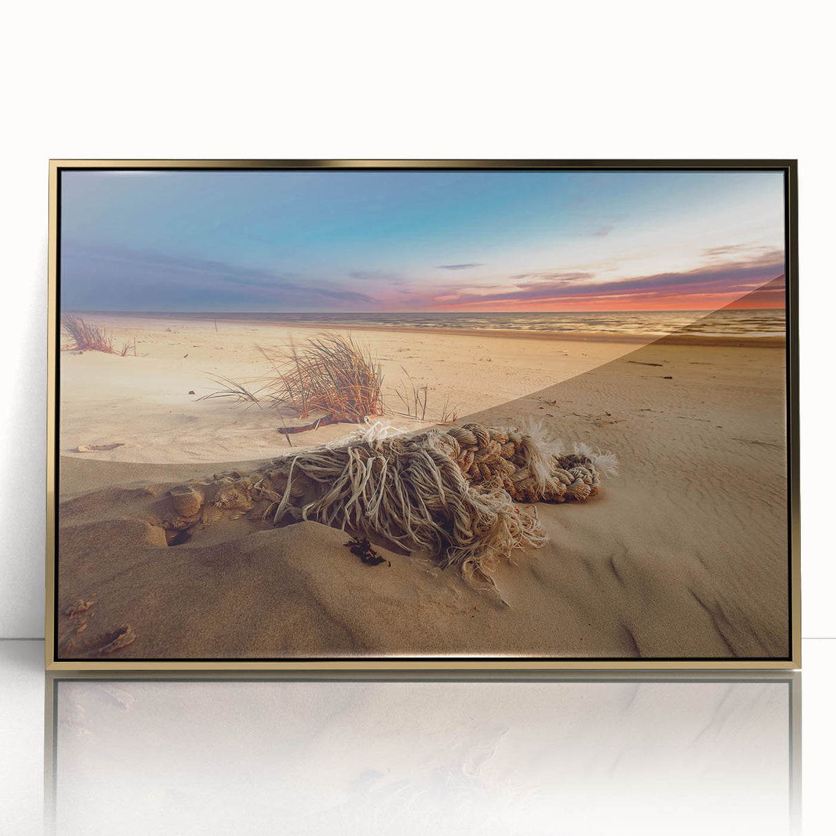 Art deco poster depicting a serene Lithuanian landscape in muted gold and green tones, framed acrylic.