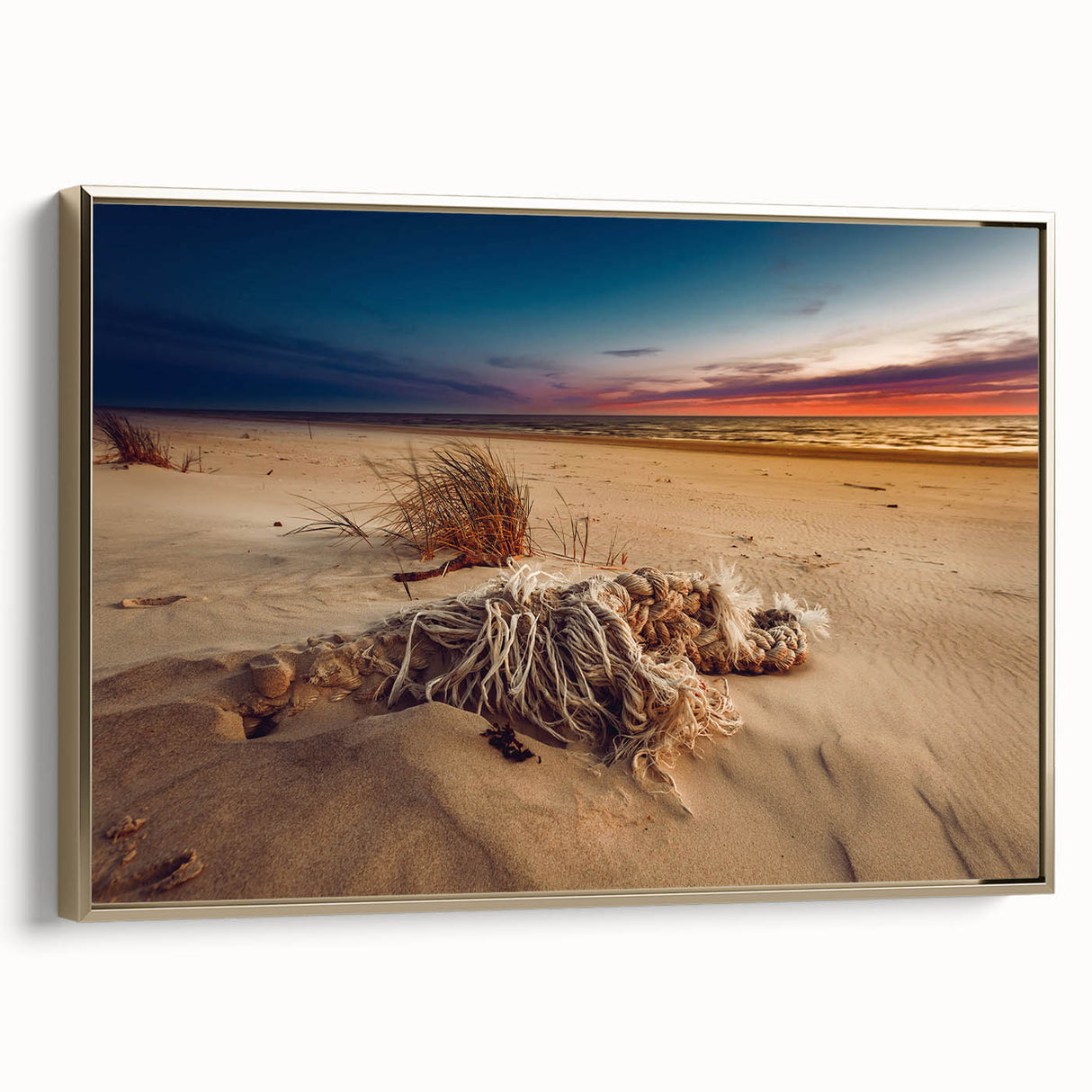 Framed canvas of a vintage-style landscape painting depicting a Lithuanian scenery, featuring muted earth tones.