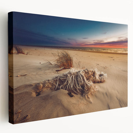 Lithuanian landscape on large stretched canvas, displaying muted earth tones, ideal for kitchen wall art.
