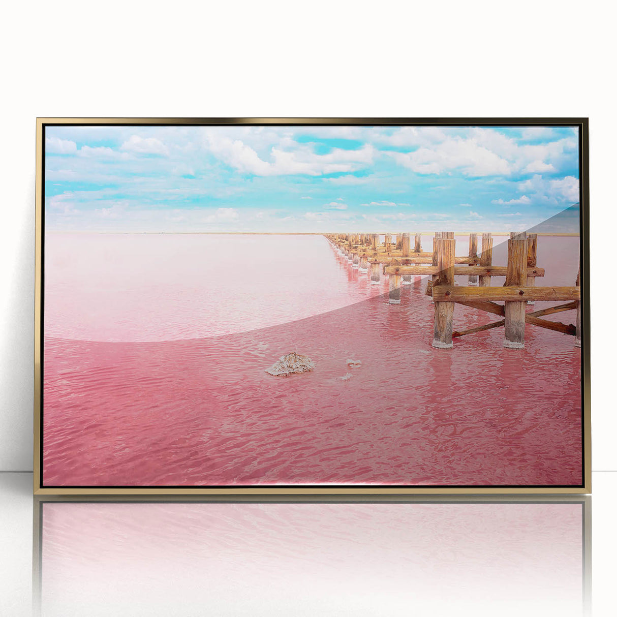 Mid-century modernist art depicting Yucatán scenery in gold and green tones on a framed acrylic.