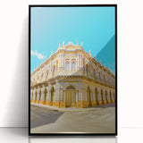 Large abstract wall art depicting a Bolivian landscape in muted earth tones, framed in black acrylic.