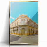 Framed acrylic print of a Bolivian landscape in mid-century modernist style, featuring earth tones.