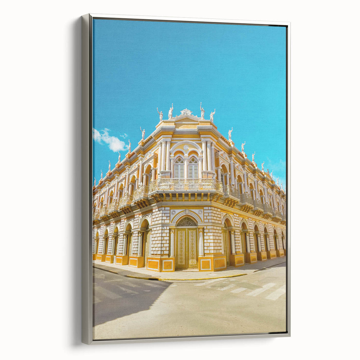 Framed canvas landscape art painting featuring a colorful Bolivian scenery in vintage poster style.