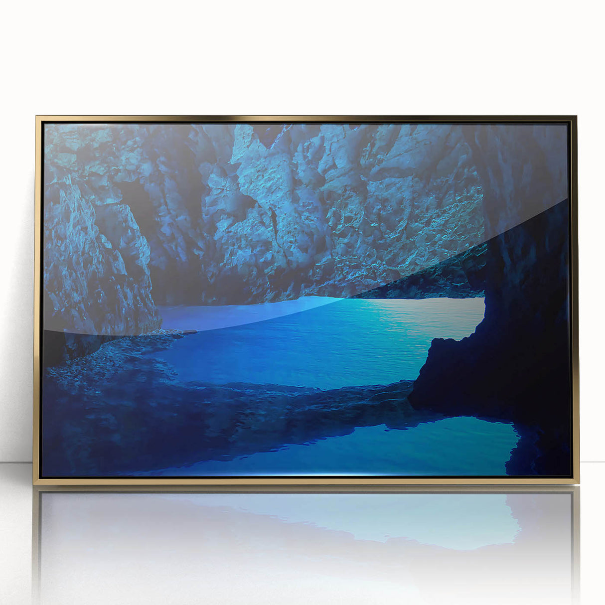 Large art print of a mid-century modernist Brazilian scenery in gold frame, acrylic, suitable for modern art wall decor.