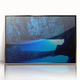 Large art print of a mid-century modernist Brazilian scenery in gold frame, acrylic, suitable for modern art wall decor.