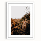 Abstract art print featuring warm autumnal hues on a white framed canvas, ideal for dining room decor.