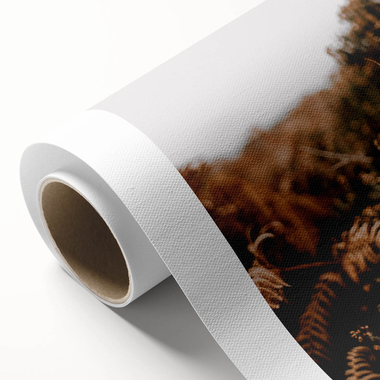 Art deco poster featuring autumnal trees in orange and brown tones on rolled canvas, suitable for nursery wall art.