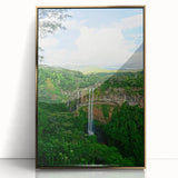 Large art print of a spring scene in mid-century modernist style with pastel colors on a framed acrylic.