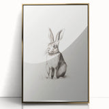 Large art print of a mid-century modernist winter scene in muted blue and white tones, framed in gold acrylic.