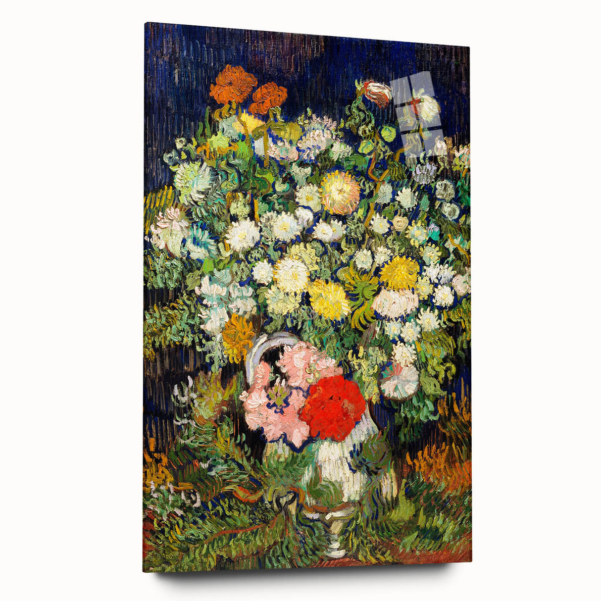 Large abstract wall art on acrylic, featuring swirling blue and yellow tones, ideal for bedroom or dining room decor.