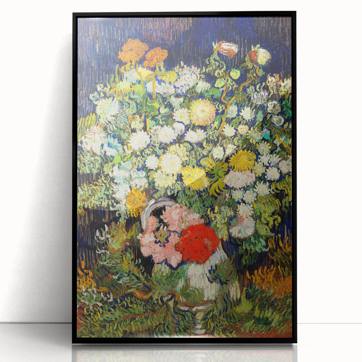 Large abstract wall art featuring swirl patterns in blue and yellow hues on a black acrylic framed print.
