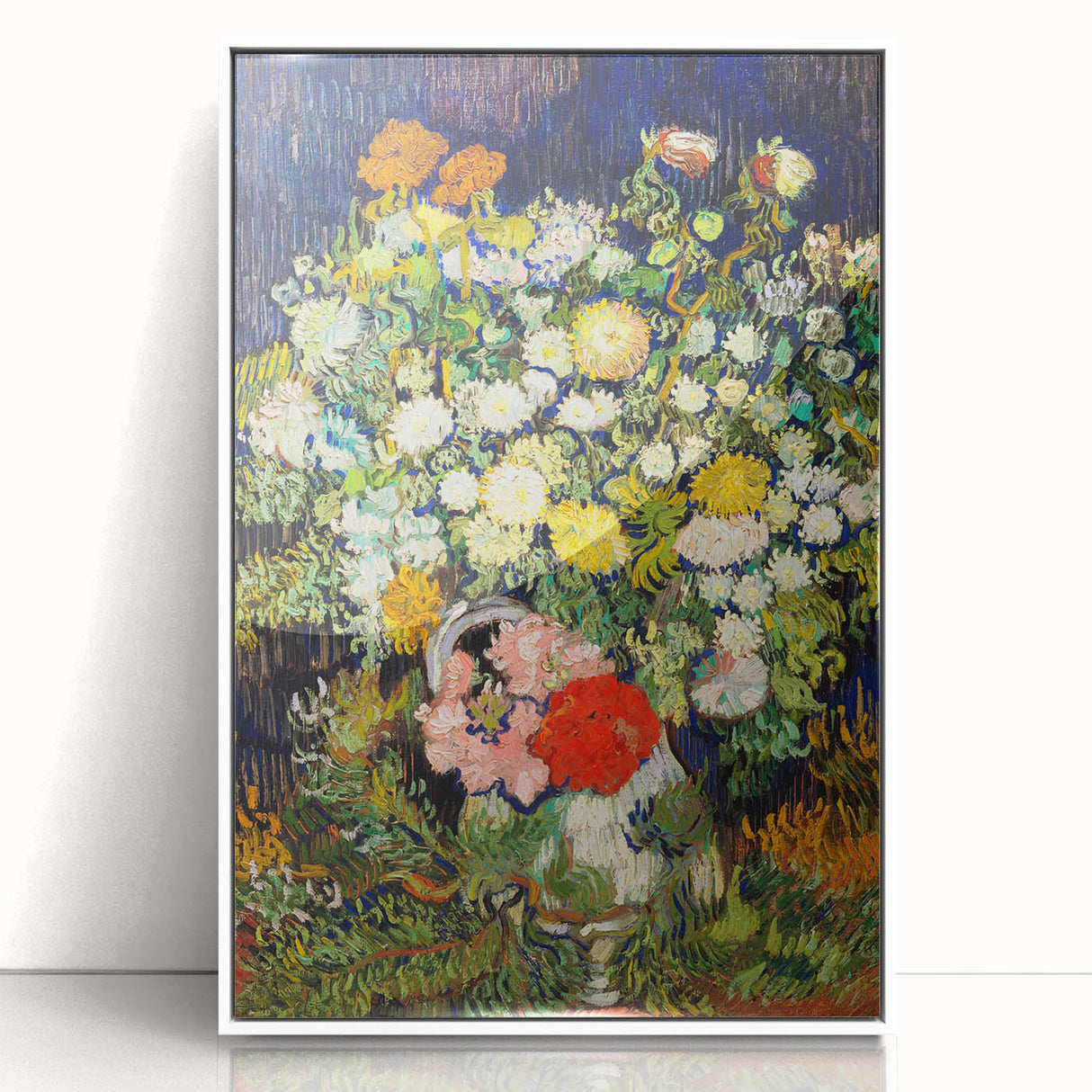 Mid-century modernist art depicting a stylized landscape with bold blue and green tones on a white acrylic framed poster.