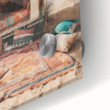 Large abstract wall art featuring a caravan in muted earth tones on acrylic glass, ideal for bedroom or dining room decor.