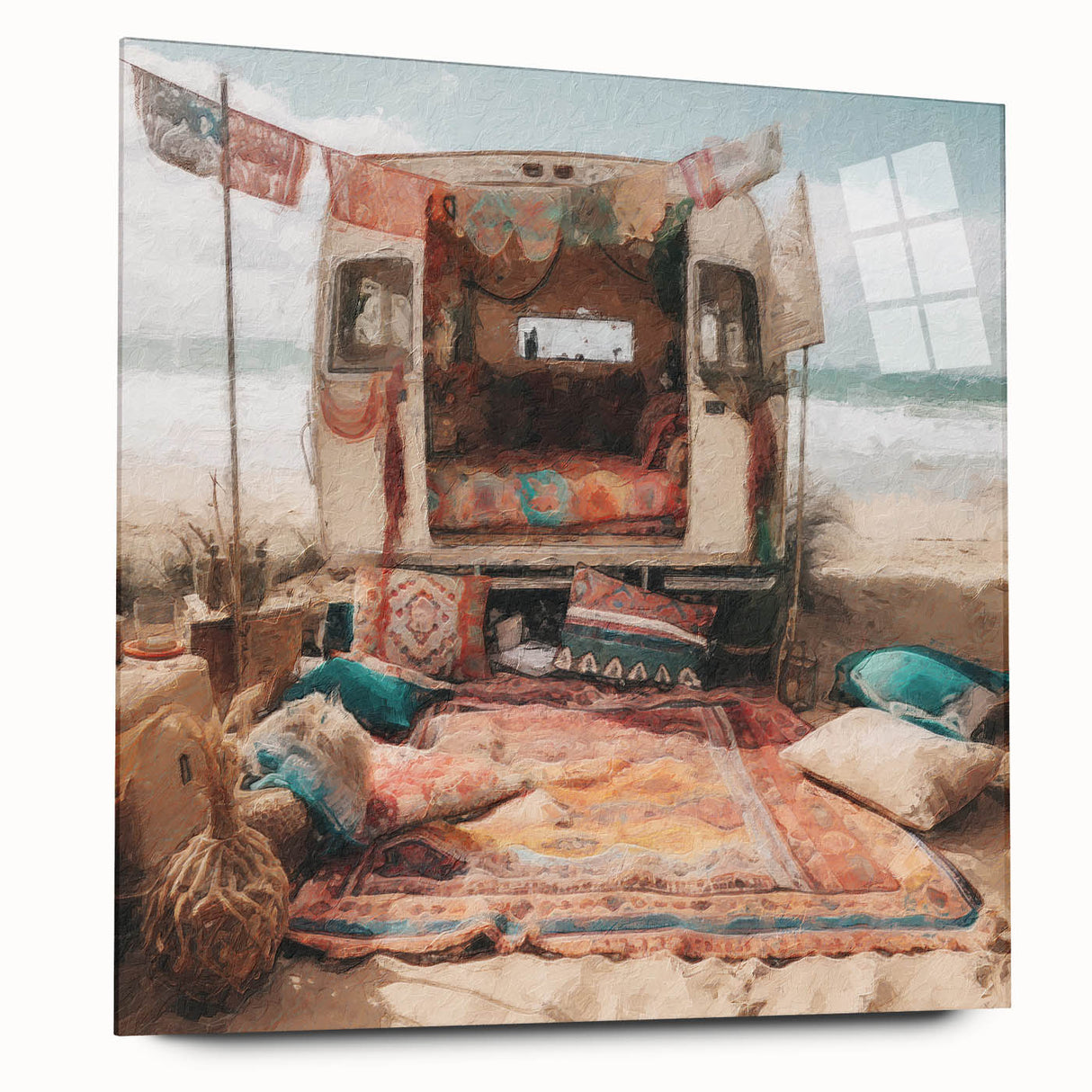 Large abstract caravan print in muted earth tones on acrylic glass.