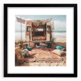 Extra large abstract art print featuring a colorful, textured caravan design on a black framed canvas.