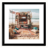 Extra large abstract art print featuring a colorful, textured caravan design on a black framed canvas.