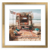 Extra large abstract art print featuring a textured caravan design in gold and beige tones on a framed canvas.
