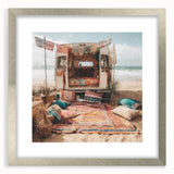 Textured abstract art print of a caravan in muted earth tones on a framed silver mat, suitable for bedroom decor.