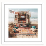 Abstract art print of a colorful caravan, framed in white, ideal for dining room wall decor.