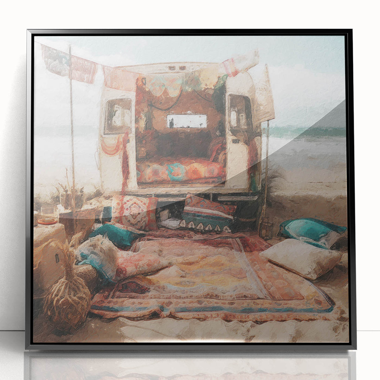 Large abstract wall art featuring a mid-century modernist caravan design in black and white tones.