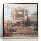 Mid-century modernist art print of a caravan in muted gold tones on framed acrylic, ideal for nursery wall decor.