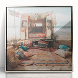 Mid-century modernist art of a caravan in muted pastel hues, displayed as a framed acrylic print.