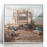 Art deco style caravan depicted in modern art wall decor, acrylic print with white frame, suitable for nursery wall art.