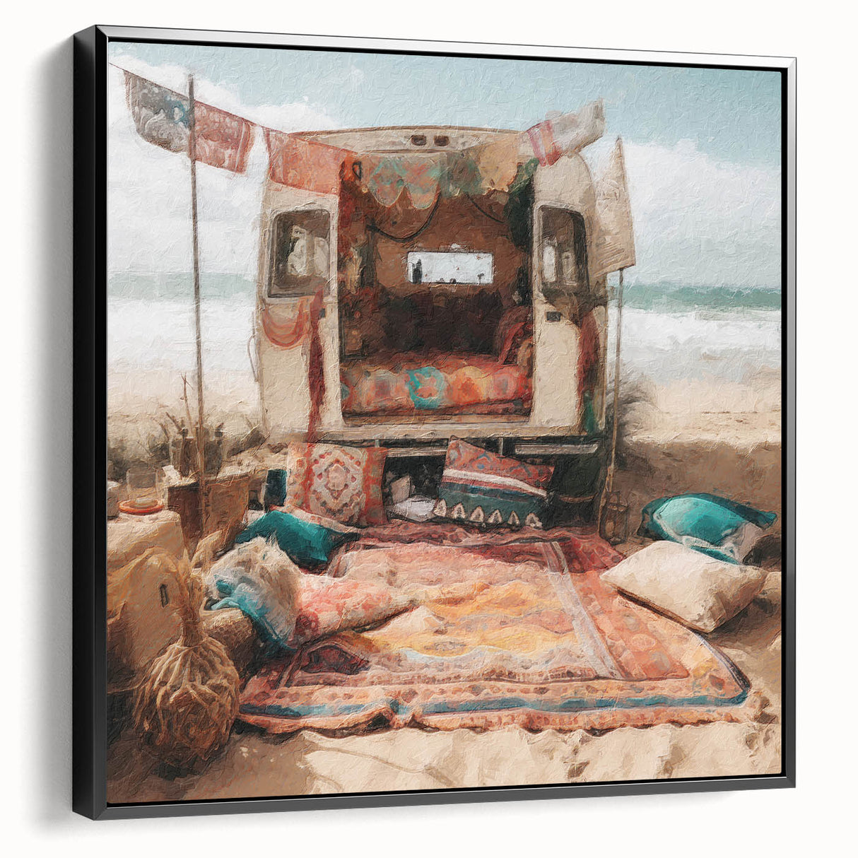 Black and white vintage poster art of a caravan landscape on framed canvas, suitable for bedroom wall decor.