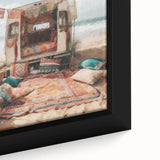 Extra large framed canvas featuring a textured black background with a colorful caravan design, ideal for living room decor.