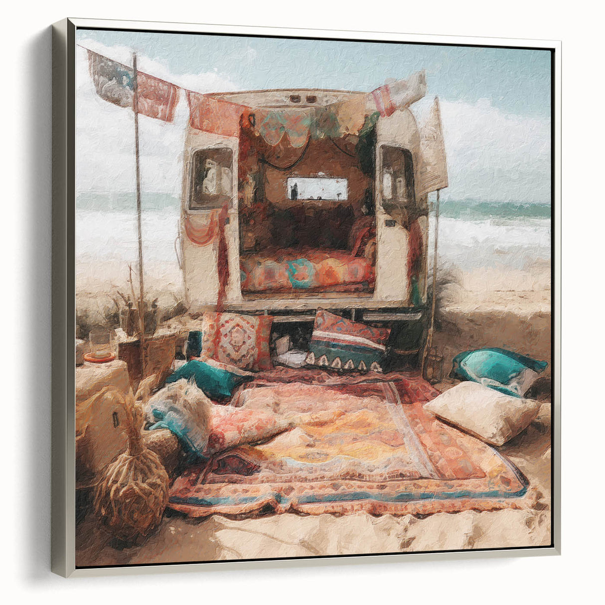 Landscape art painting of a vintage caravan in black and colorful tones on a framed canvas, ideal for living room decor.