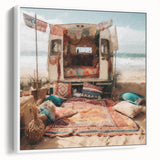 Vintage poster art of a colorful caravan on a black background, framed canvas, ideal for living room decor.