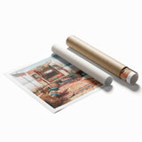 Extra large rolled print featuring a caravan of vehicles in muted earth tones, ideal for large living room wall art.