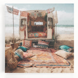 Black and white stretched canvas featuring a caravan of vintage vehicles, ideal for kitchen wall art.